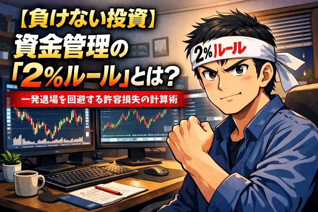 自宅トレーディングルームで「2%ルール命」のハチマキを巻いた男性トレーダーが資金管理を実践するイメージ|負けない投資2%ルール解説