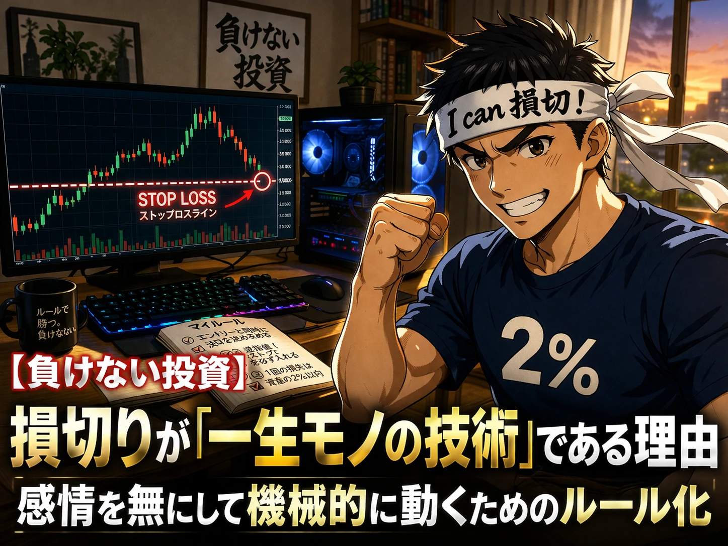 【負けない投資】損切りを機械的に行うルール化を解説する投資記事のトップ画像。ストップロスライン付きチャートとハチマキ姿の漫画キャラクター
