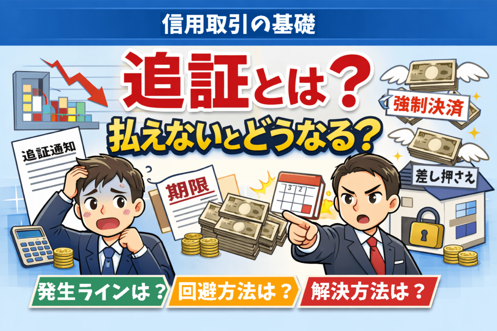 信用取引の追証とは?払えないとどうなるか・強制決済や差し押さえリスクを解説するイメージイラスト