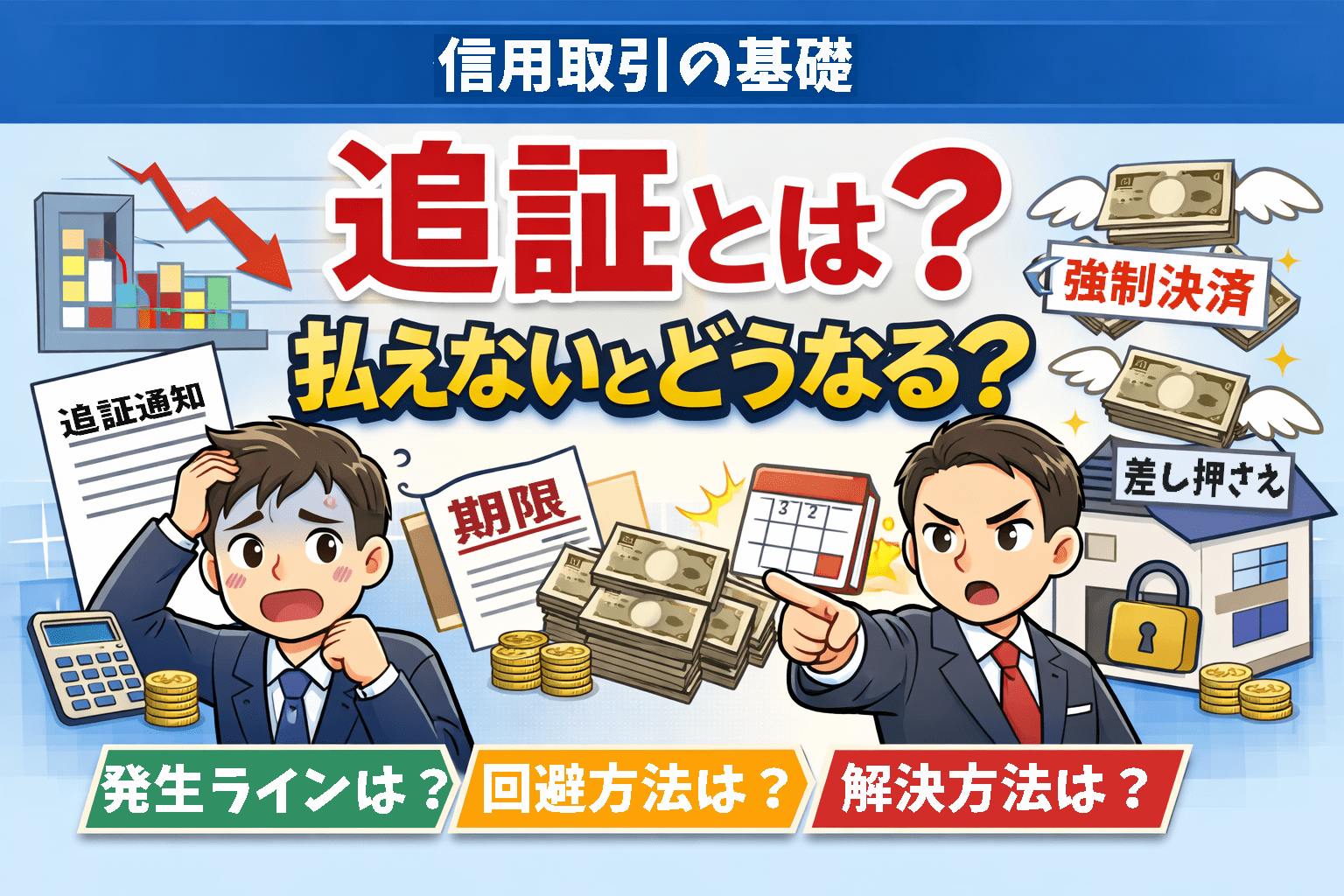 信用取引の追証とは？払えないとどうなるか・強制決済や差し押さえリスクを解説するイメージイラスト