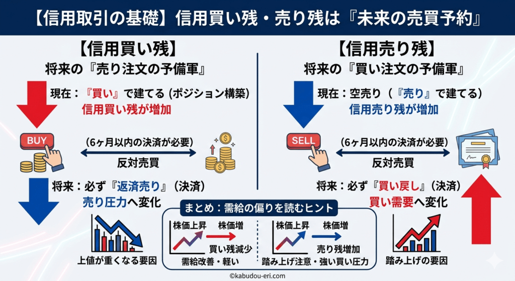 信用取引の買い残・売り残が将来の売買予約（売り圧力・買い需要）になる仕組みの図解イラスト