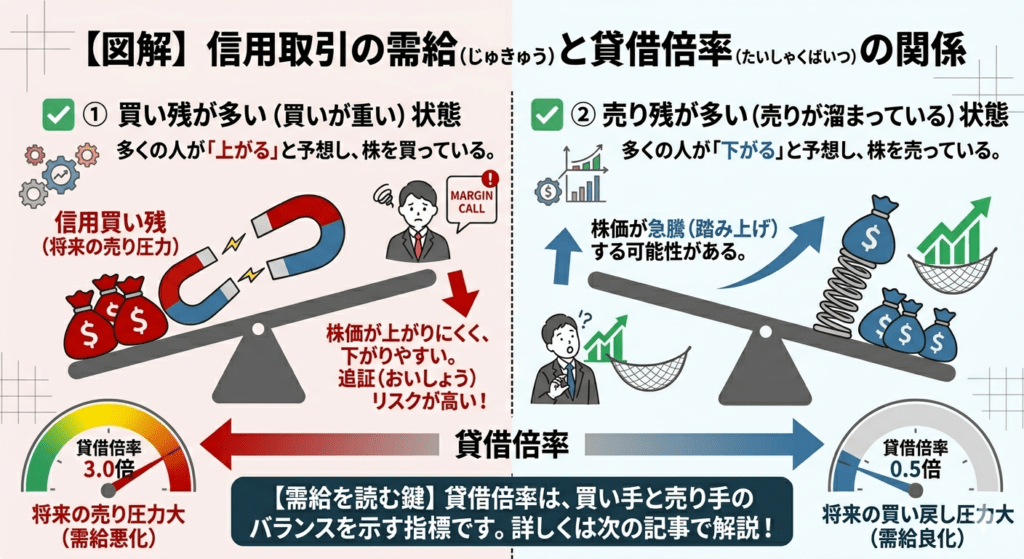 信用取引の需給バランス（買い残・売り残）と貸借倍率の関係を解説した図解イラスト