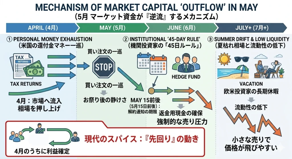 「5月に売れ」の格言を裏付ける、米国還付金の一巡・ヘッジファンドの45日ルール・夏枯れ相場の3つの要因を解説した図解イラスト