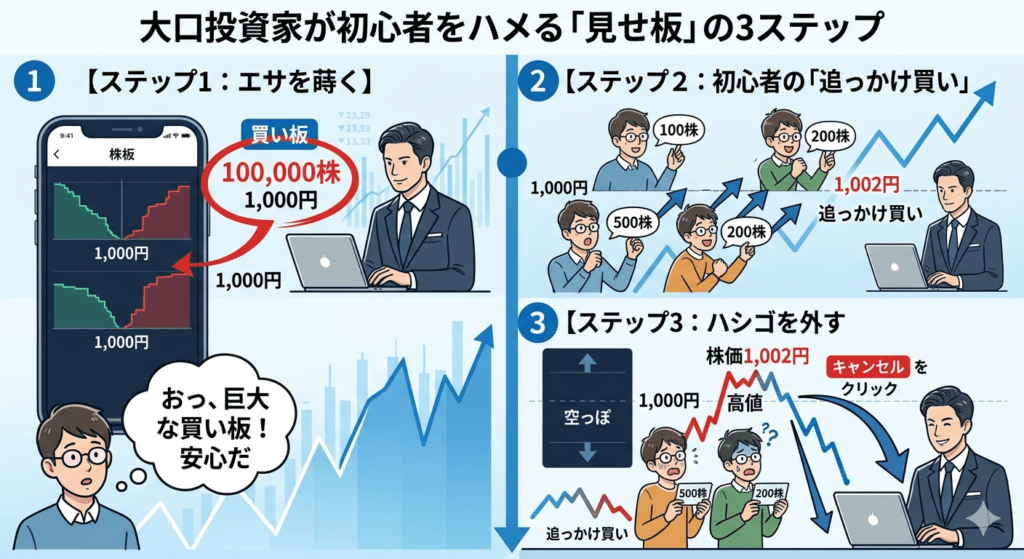 大口投資家が見せ板で初心者をハメる3つのステップ(心理戦)の図解イラスト