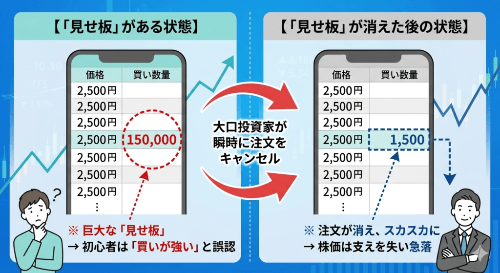 株の板情報における「見せ板」の仕組みと注文キャンセル前後の比較図解