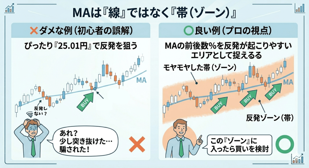 移動平均線を「線」ではなく「ゾーン（帯）」で捉える重要性の比較図。