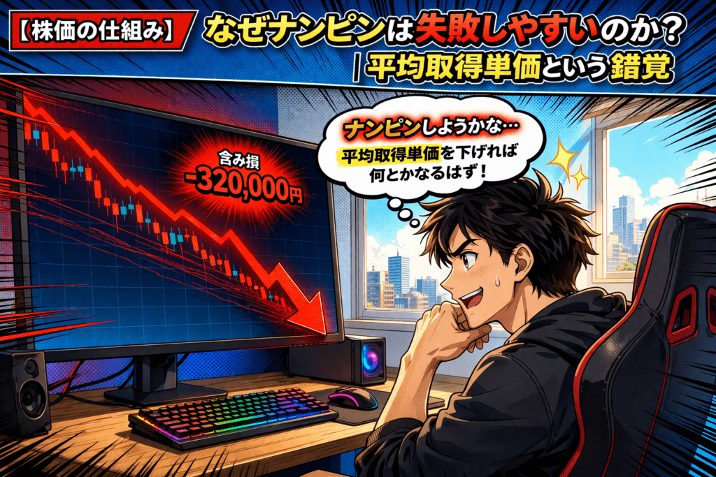 平均取得単価を下げようとナンピンを検討している個人投資家のイメージイラスト