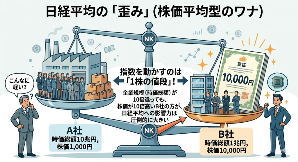 日経平均の「歪み」の図解。時価総額が大きいA社よりも、株価が高いB社の方が天秤で重く（指数への影響が大きく）扱われる様子。