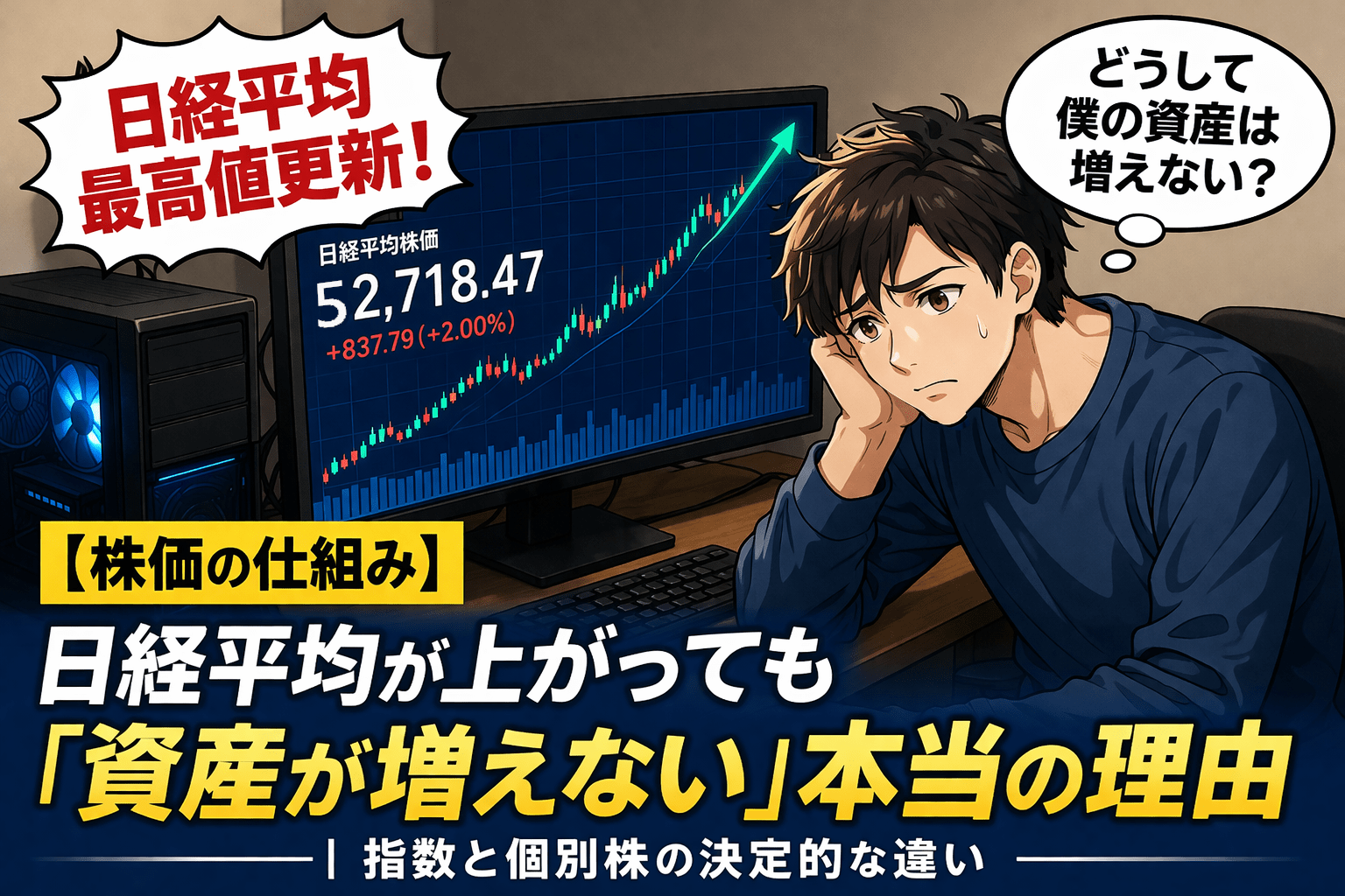日経平均が上がっているのに資産が増えず悩む投資家のイメージイラスト