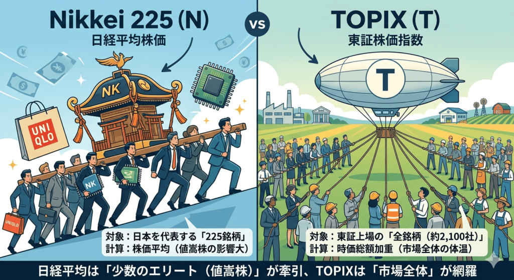日経平均株価（少数銘柄による牽引）とTOPIX（市場全体を網羅）の違いを比較した図解イラスト