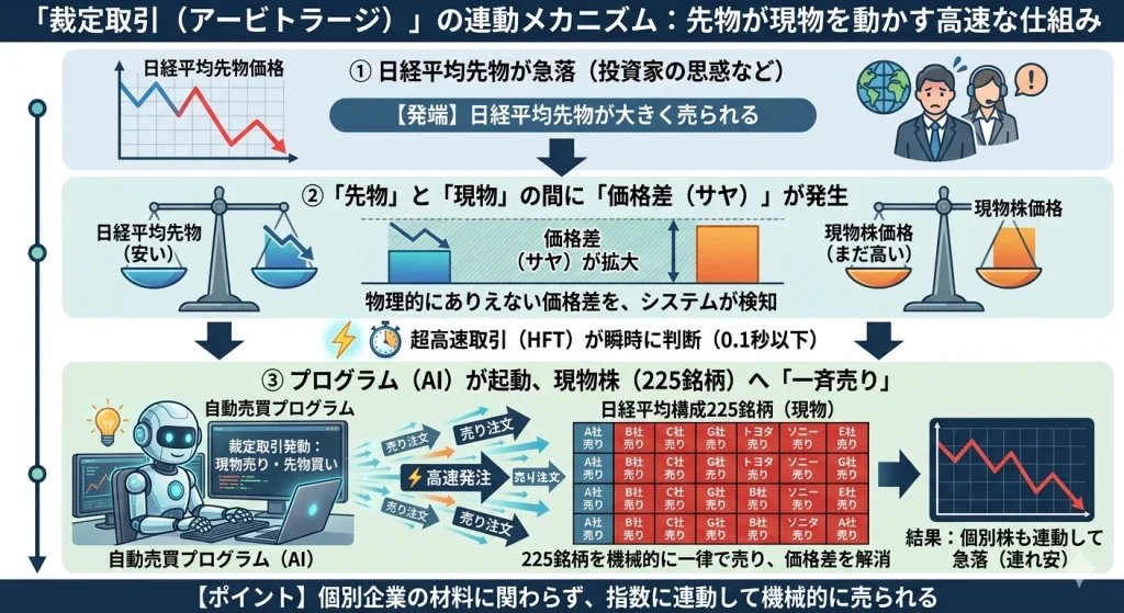 日経平均先物の急落により発生した価格差（サヤ）をAIが検知し、日経平均構成225銘柄を機械的に一括売りする裁定取引の仕組みを解説した図解イラスト。