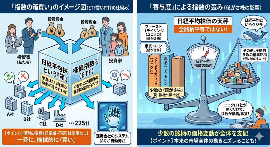 日経平均ETFの機械的な一括購入の仕組みと、少数の一部銘柄（値がさ株）が指数全体を大きく動かす寄与度の歪みを説明する図解イラスト。