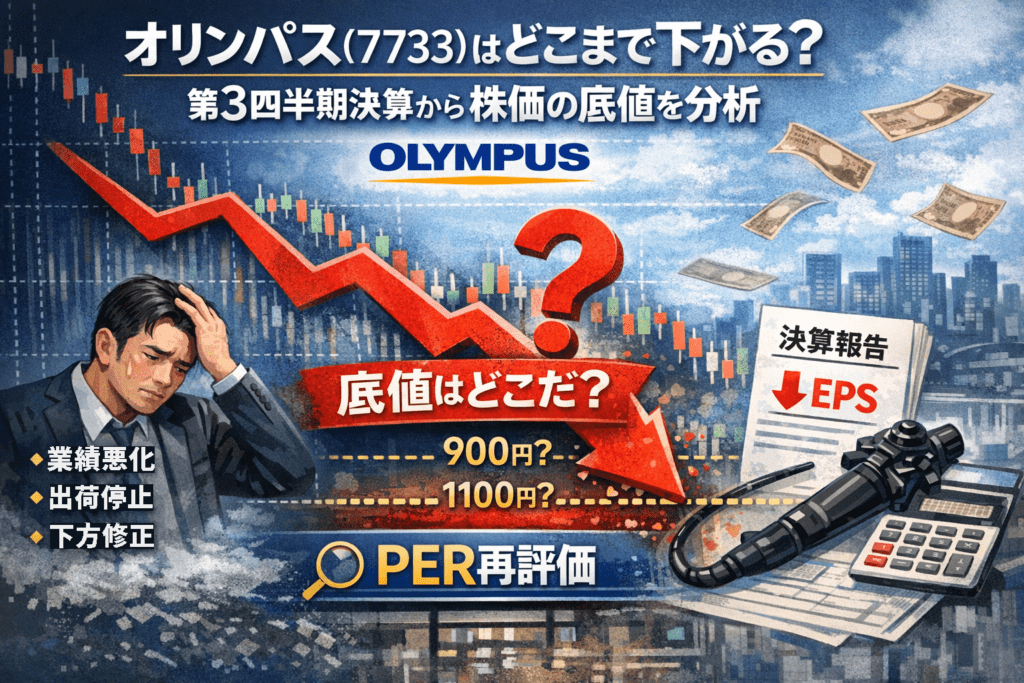 オリンパス(7733)の株価下落をテーマに、第3四半期決算から底値を分析する記事の画像