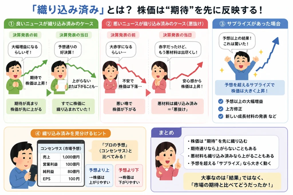 織り込み済みとは何かを解説する図解。好材料と悪材料が事前に株価へ反映される仕組みとサプライズによる株価変動を説明したイラスト