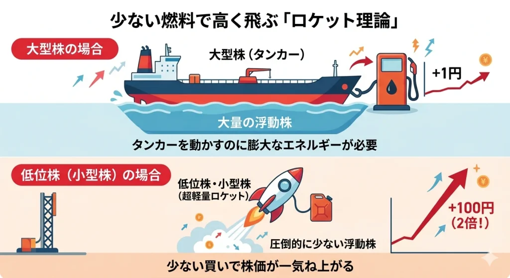 低位株の急騰理由を解説するロケット理論の図解。大型株(タンカー)と小型株(ロケット)の需給と株価上昇率の対比。