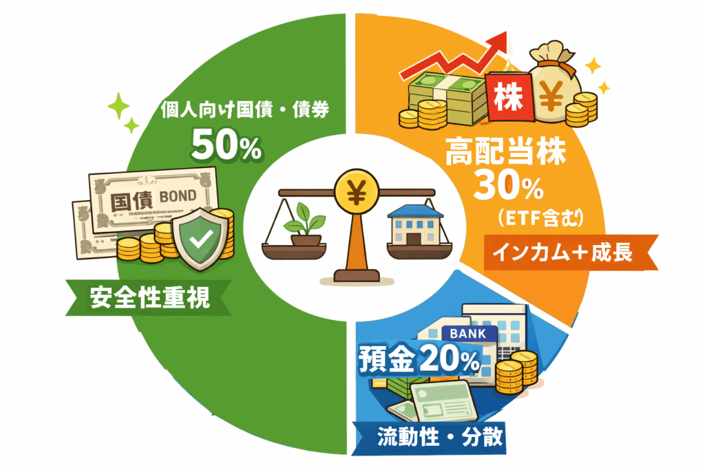 預金・国債・高配当株のポートフォリオ比率(国債50%・高配当株30%・預金20%)を示した資産配分イラスト