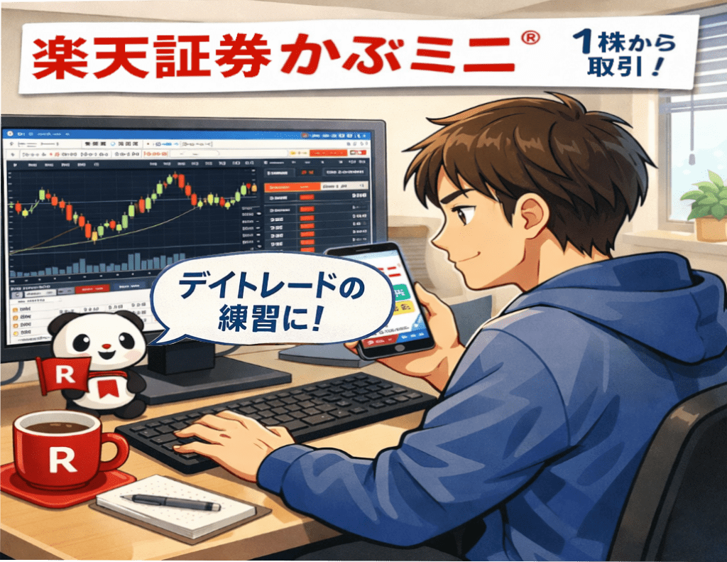 楽天証券のかぶミニでデイトレードの練習をする男性のイメージイラスト