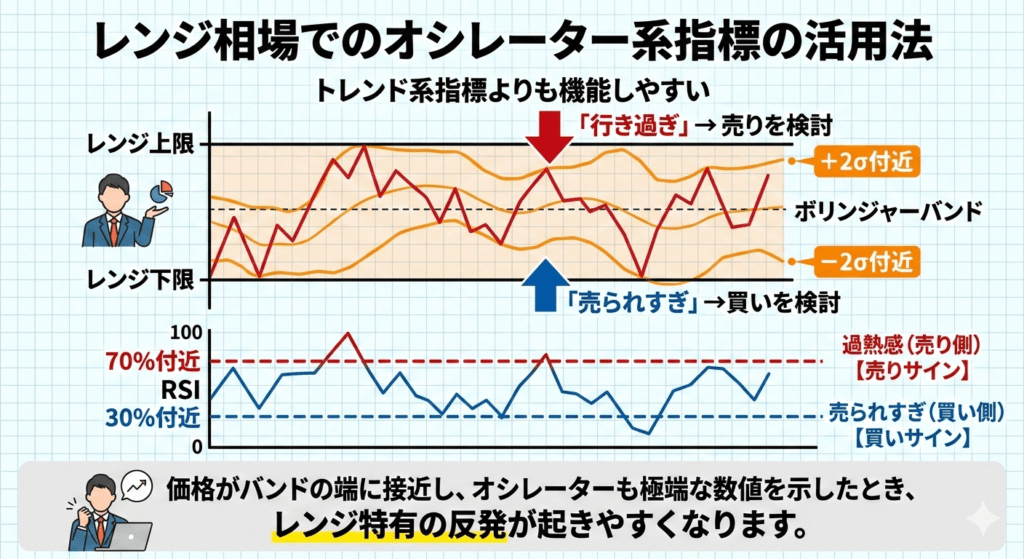 レンジ相場におけるボリンジャーバンドとRSIを組み合わせた逆張り手法の図解イラスト。
