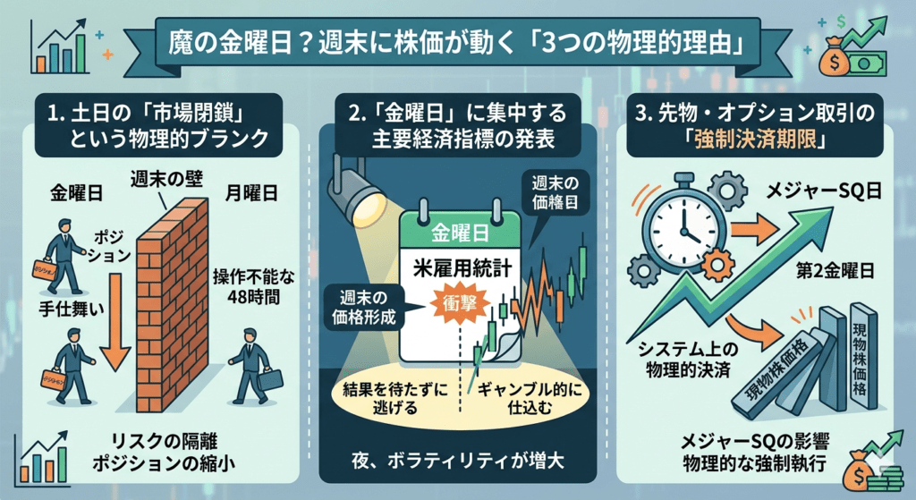 金曜日に株価が荒れる3つの物理的理由(土日の市場閉鎖リスク、米雇用統計などの経済指標、メジャーSQの強制決済)を解説した図解イラスト