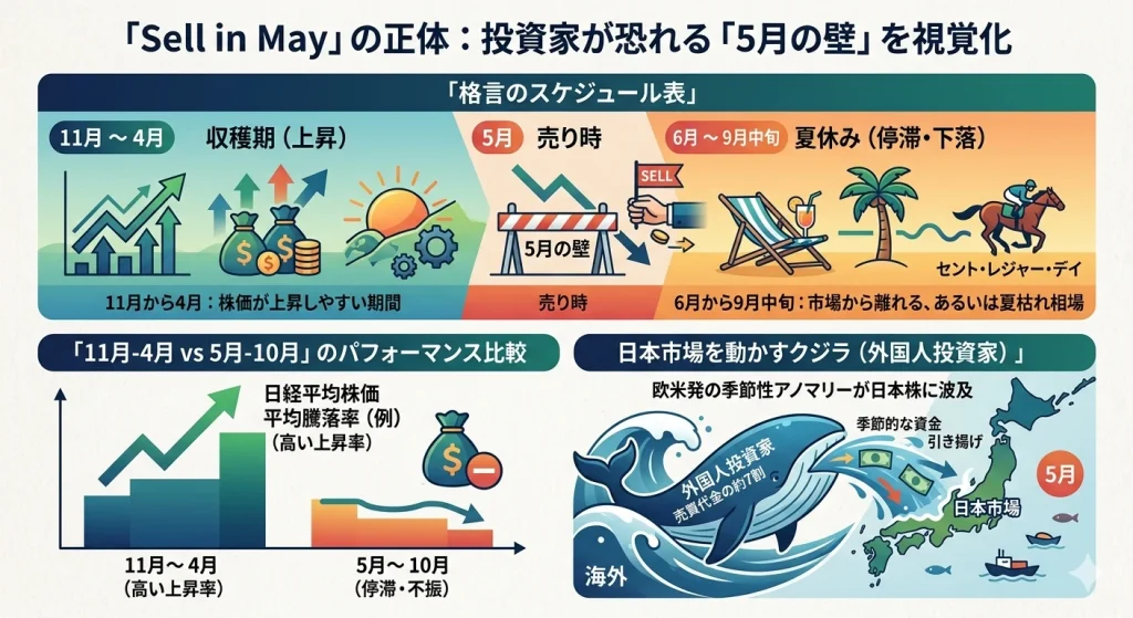 「Sell in May」の正体を解説する図解。11月〜4月の上昇期、5月の売り時、夏枯れ相場のサイクルや、日本市場を動かす外国人投資家の影響を視覚化したイラスト。
