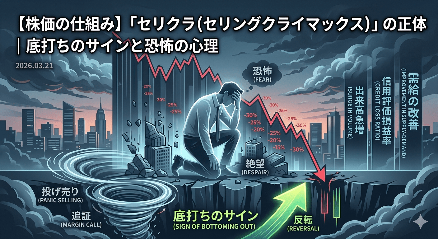 暴落する株価チャートの前で頭を抱える投資家と、底打ちのサイン（出来高急増・反転の矢印）を描いたセリングクライマックスの解説イラスト。