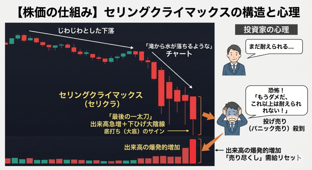 セリングクライマックス（セリクラ）のチャート図解。「もうダメだ！」という局面を一枚のイラストで解説。