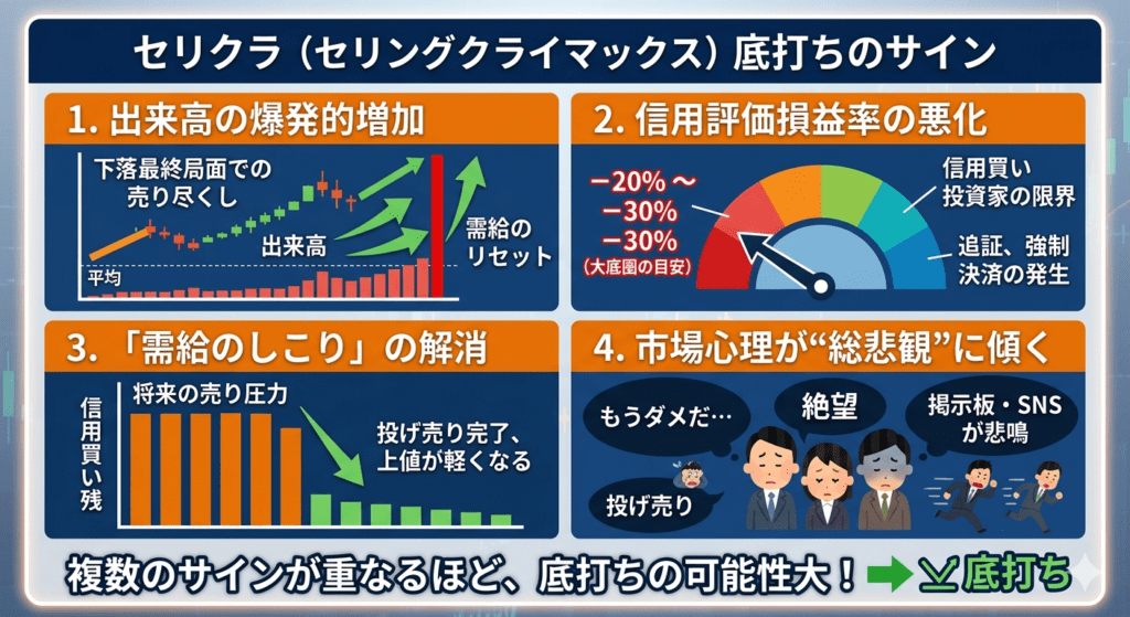 セリングクライマックス（セリクラ）の底打ちを見極める4つのサイン。4つのチェックポイントをまとめた実践的な判定図解