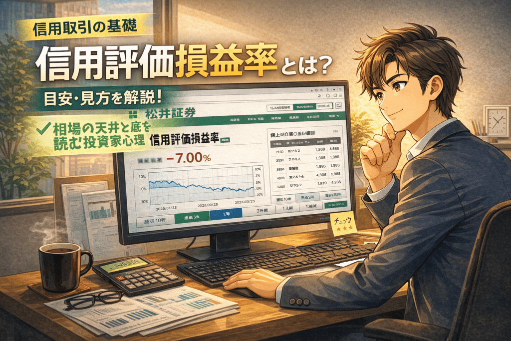 信用評価損益率を松井証券の画面で確認し、相場の天井や底を分析する投資家のイメージイラスト