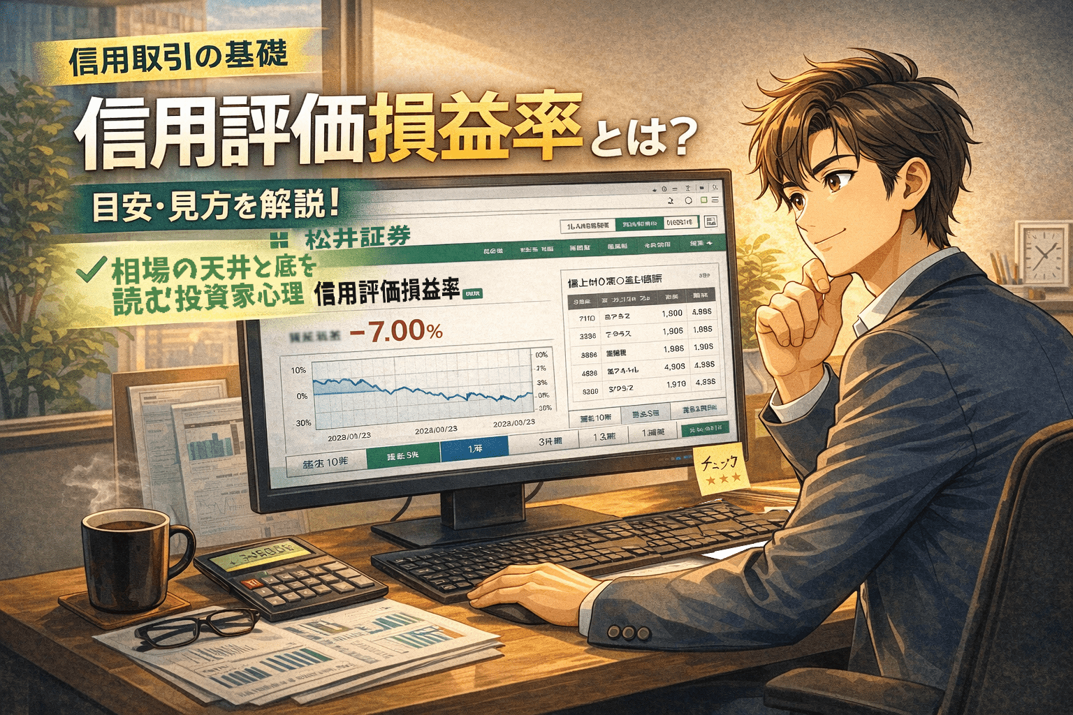 信用評価損益率を松井証券の画面で確認し、相場の天井や底を分析する投資家のイメージイラスト