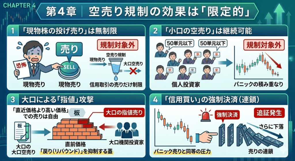 空売り規制の効果が限定的である4つの理由（現物売り・小口空売り・大口の指値・強制決済）の図解