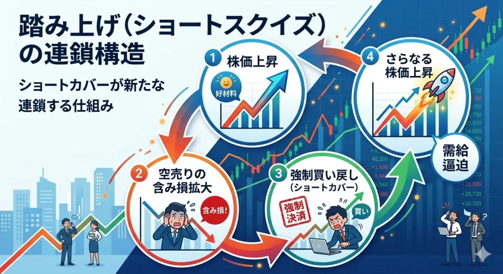 踏み上げ(ショートスクイズ)の連鎖構造を図解したサイクル図。①株価上昇、②空売りの含み損拡大、③強制的な買い戻し(ショートカバー)、④さらなる株価上昇の4工程がループし、上昇が自己増殖する仕組みを解説。