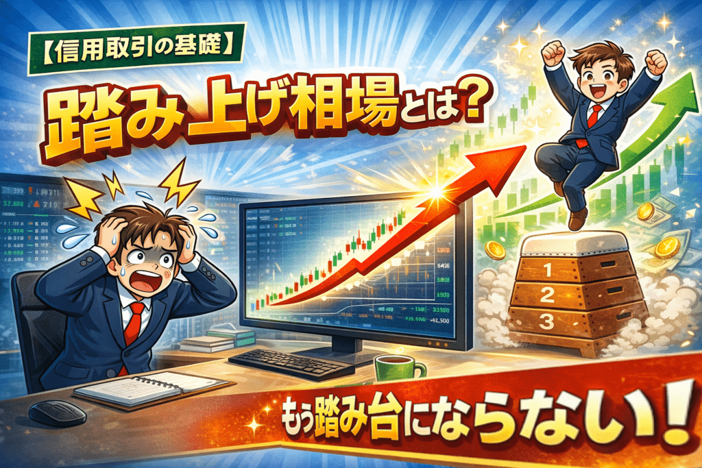 踏み上げ相場で急騰する株価チャートを見て驚く男性投資家と跳び箱の踏み台イメージ