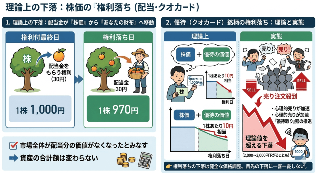 株価の権利落ちの仕組みを解説する図解。権利付最終日の株価（配当込み）と権利落ち日の株価（配当分下落）の比較イメージ。