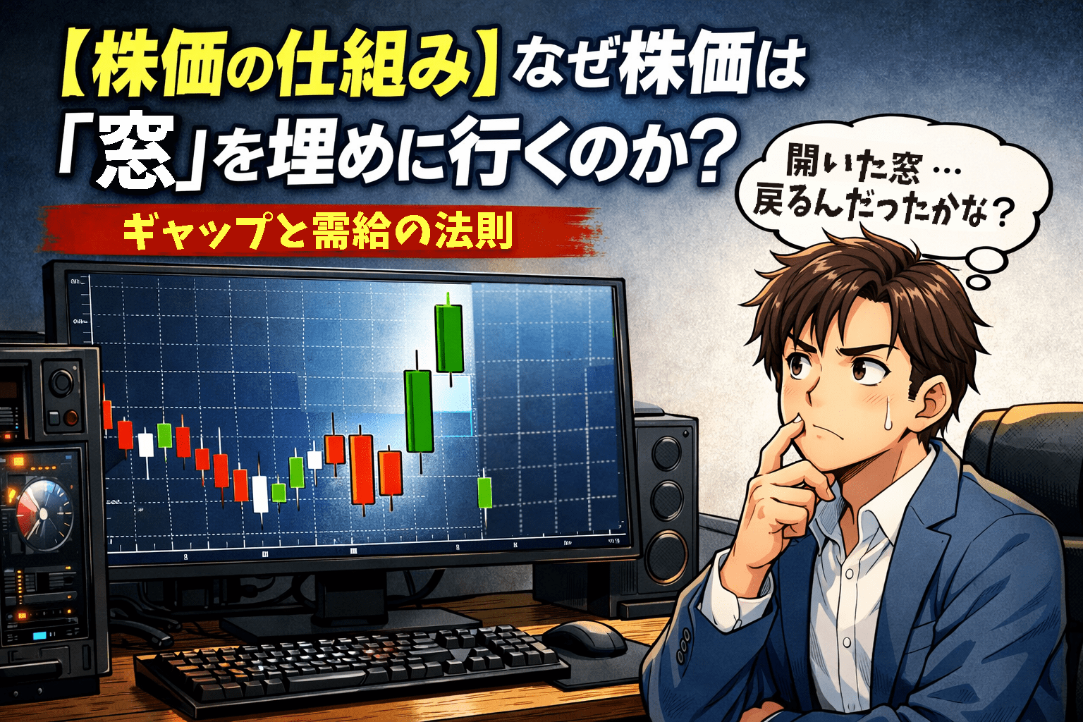 株価チャートのギャップアップと窓埋めの仕組みを考える投資家とローソク足チャートのイラスト