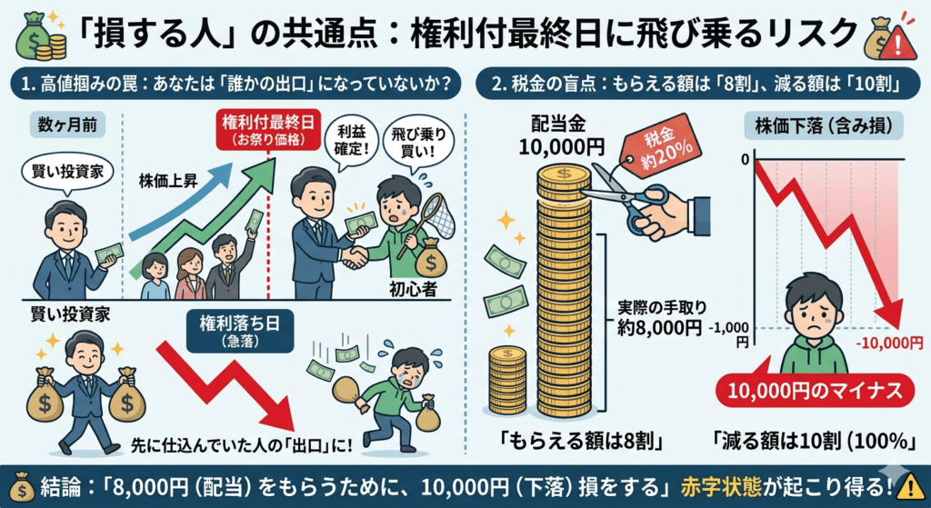 権利付最終日の「飛び乗り買い」のリスクを解説する図解。高値掴みによる出口戦略への加担と、配当にかかる税金の影響で資産が減る仕組みのイメージ。