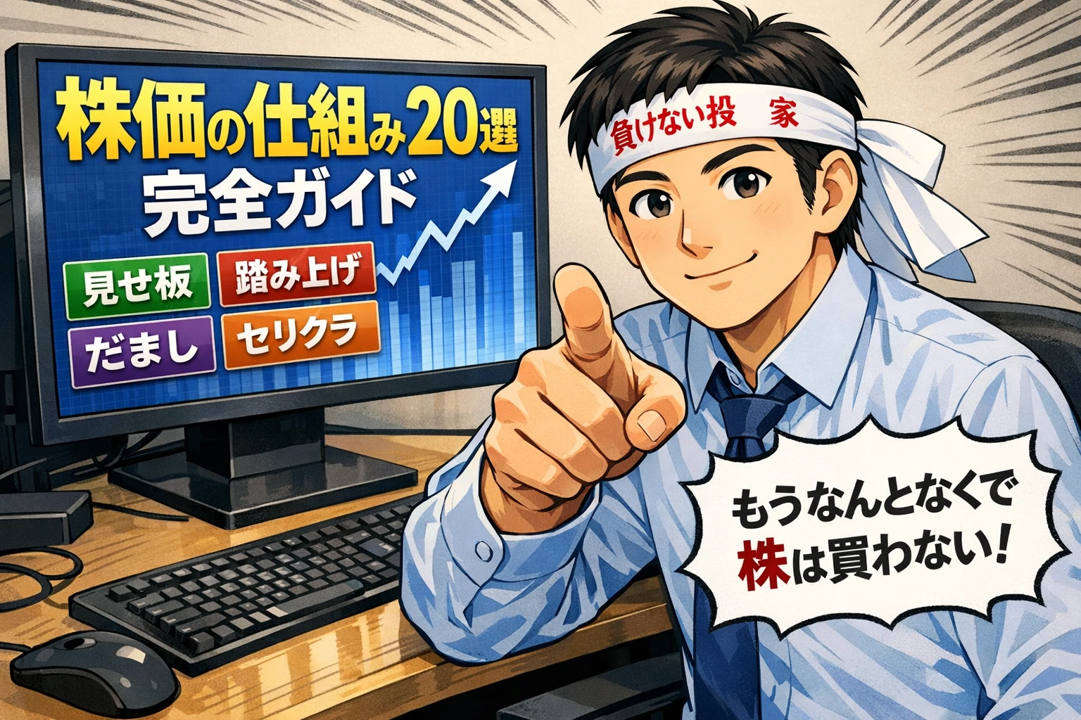 株価の仕組み20選完全ガイドを解説する投資家キャラクターと株価チャートのトップ画像