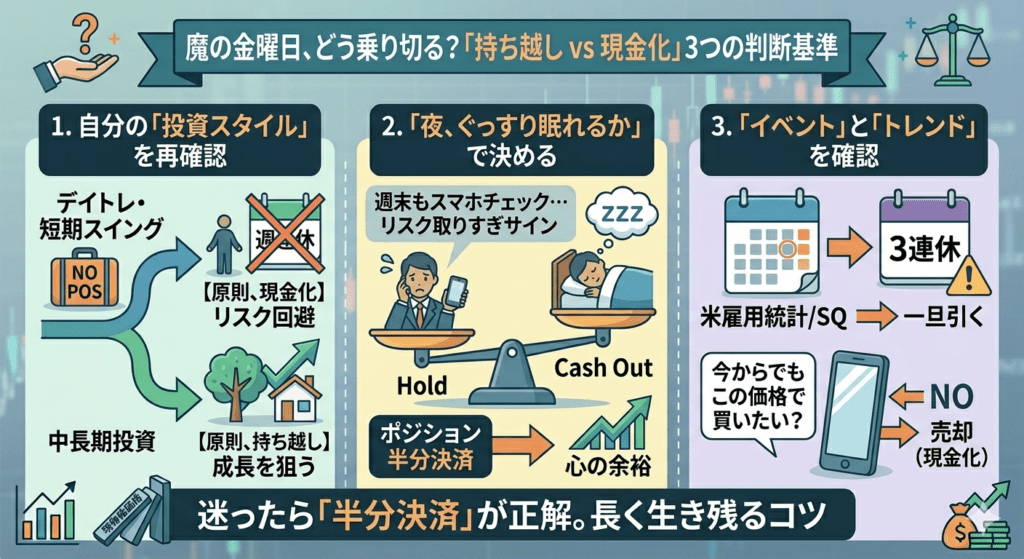 株の週末持ち越しか現金化かを決める3つの判断基準(投資スタイル・睡眠の質・イベント確認)の図解イラスト
