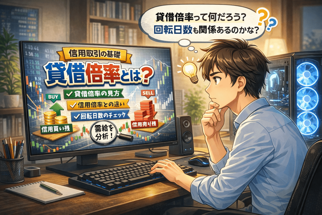 貸借倍率とは何かを自作PCで調べる男性投資家のイラスト｜信用取引の需給指標と回転日数の関係を考えるイメージ