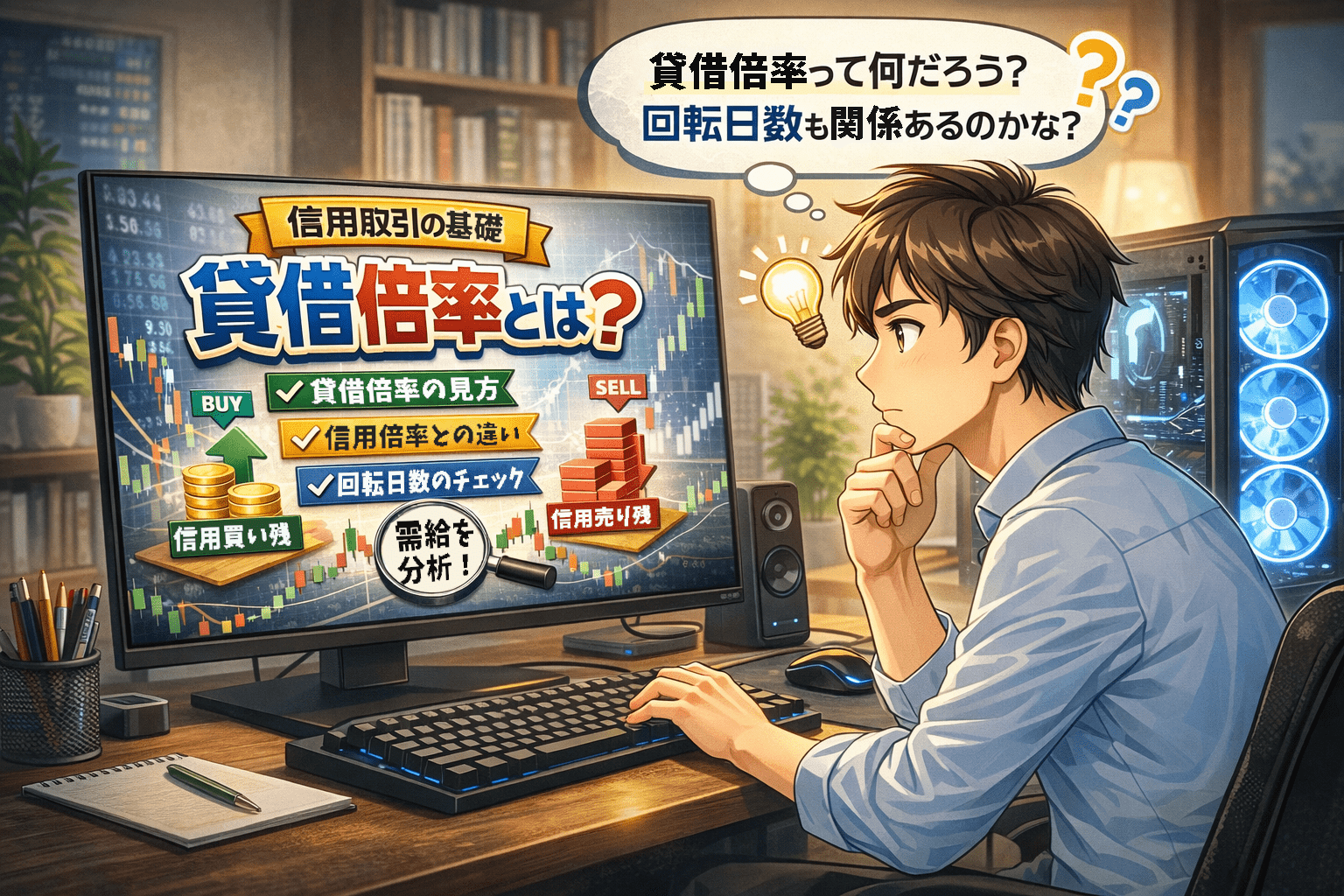 貸借倍率とは何かを自作PCで調べる男性投資家のイラスト｜信用取引の需給指標と回転日数の関係を考えるイメージ