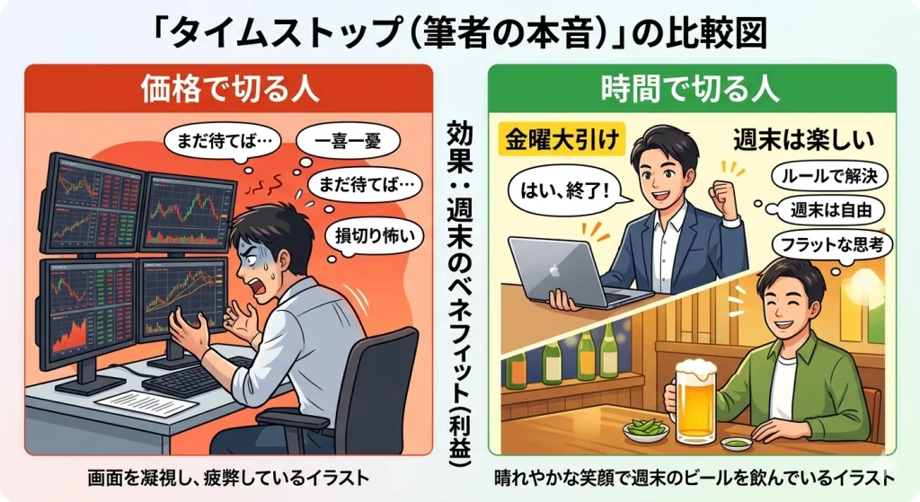 トレードの決済ルールを比較する図解。左側は「価格で切る人（赤）」で、マルチモニターを凝視し、ストレスを感じながら「まだ待てば…」と疲弊している。右側は「時間で切る人（緑）」で、金曜夕方に「はい、終了！」とPCを閉じ、笑顔でビールを飲んで週末を楽しんでいる。