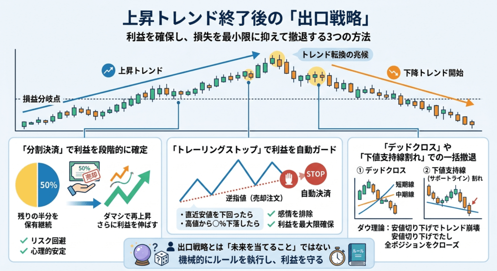 上昇トレンドから下降トレンドへの転換期における3つの出口戦略(分割決済、トレーリングストップ、一括撤退)のイメージ図