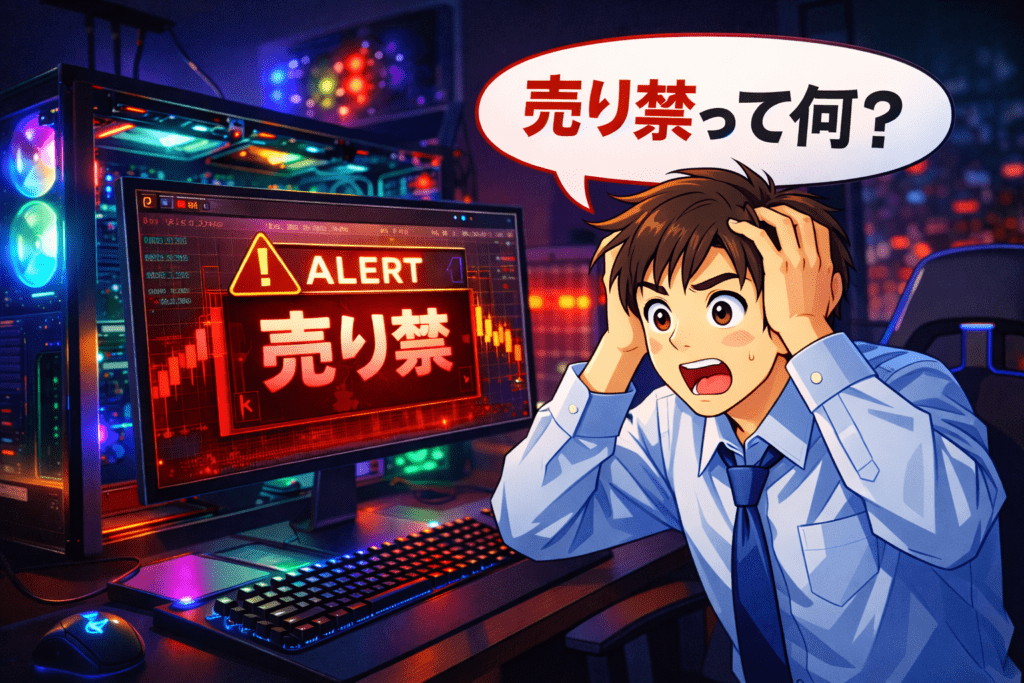 自作PCのモニターに売り禁アラートが表示され驚く男性投資家のイラスト