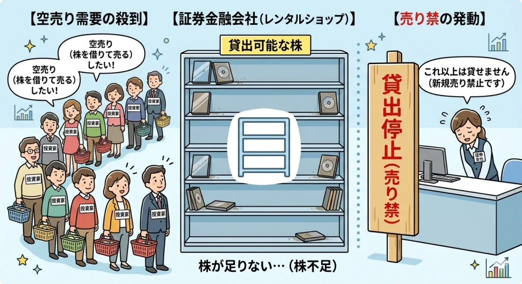 売り禁（貸借取引の申込停止措置）の仕組みをDVDレンタルショップに例えた図解イラスト