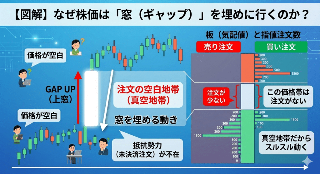 株価の窓埋めが起きる理由を「指値注文の空白地帯(真空地帯)」と「板(気配値)」から解説した図解