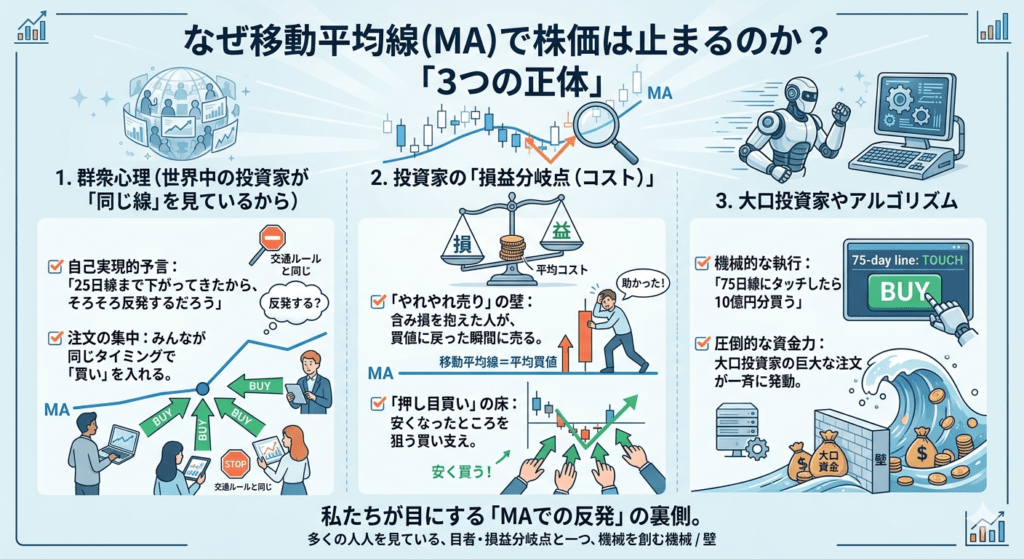 株価が移動平均線で反発する「3つの正体」を解説する図解イラスト。