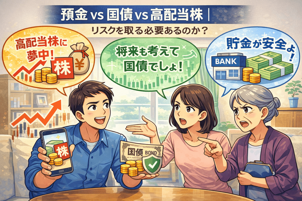 預金・国債・高配当株を巡って議論する家族のイラスト|高配当株に夢中の夫・国債を勧める妻・貯金を重視する姑