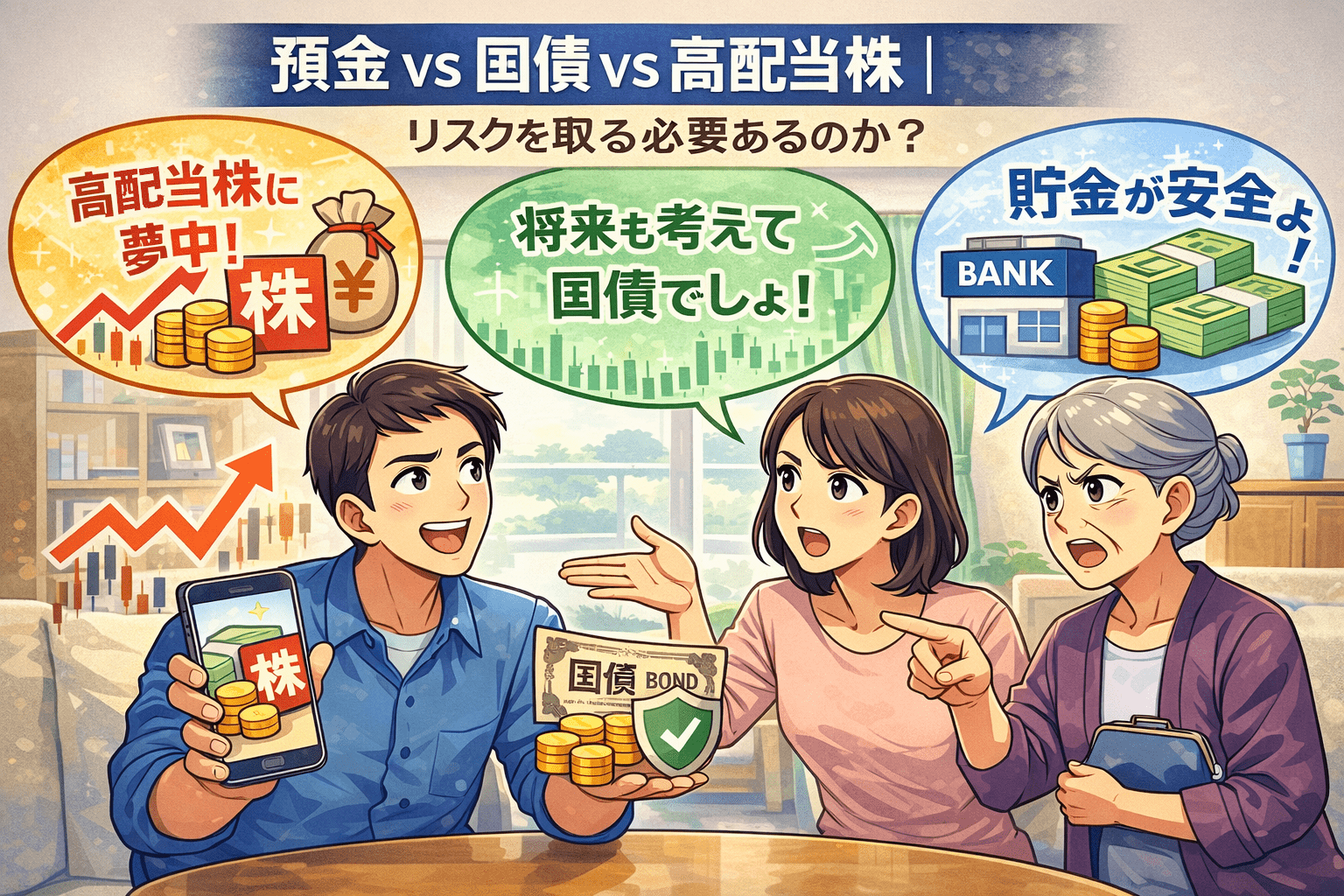 預金・国債・高配当株を巡って議論する家族のイラスト｜高配当株に夢中の夫・国債を勧める妻・貯金を重視する姑