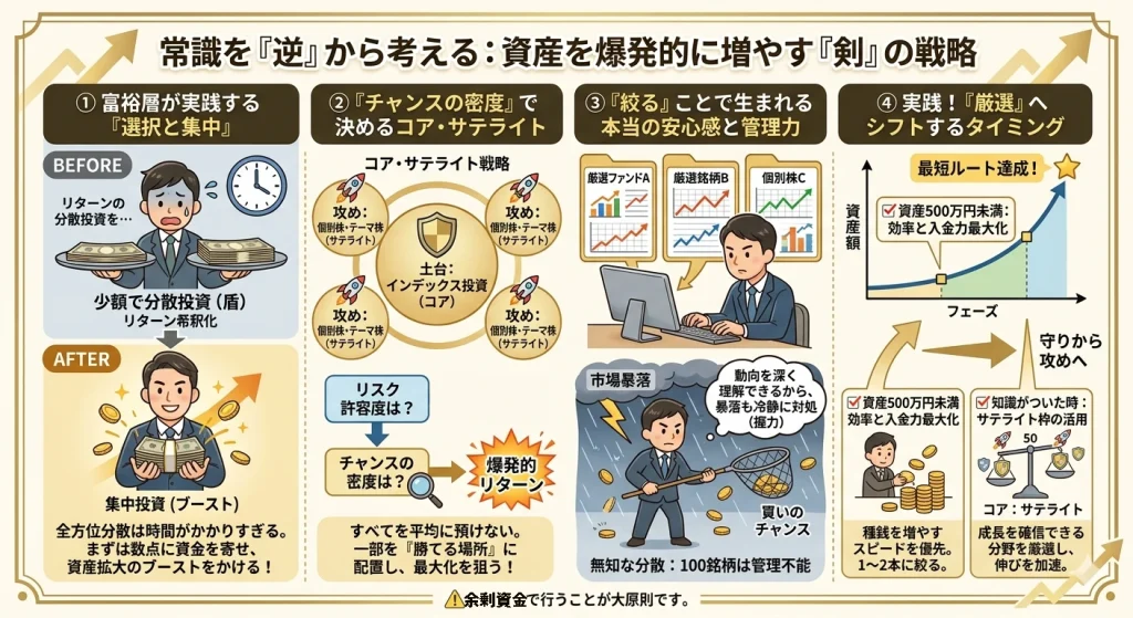 資産を効率的に増やすための『剣』の投資戦略図解。集中投資、コア・サテライト戦略、厳選投資のメリットと、資産額に応じた攻守の切り替えを解説。