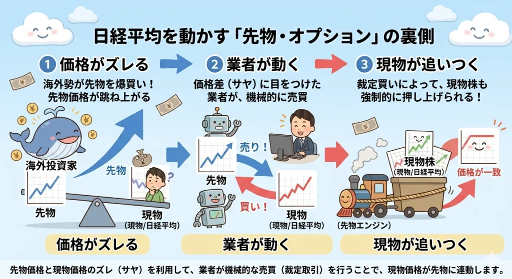 日経平均を動かす「裁定取引（アービトラージ）」の3ステップ図解。