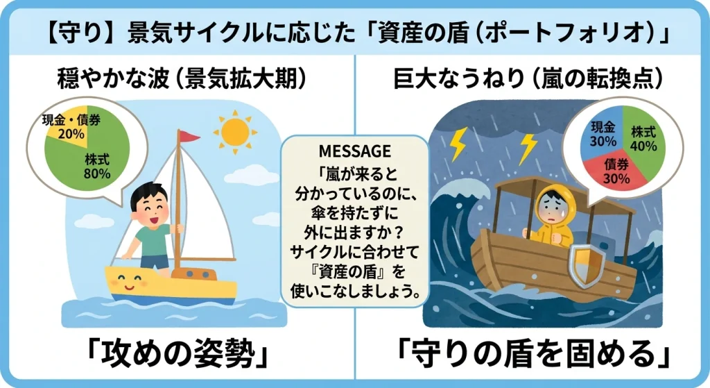 景気サイクルに応じたポートフォリオの使い分け図解。左は景気拡大期の「攻めの姿勢（株式80%）」、右は嵐の転換期における「守りの盾（現金・債券比率を向上）」を対比させ、市場環境に合わせた資産防衛戦略を視覚化している。
